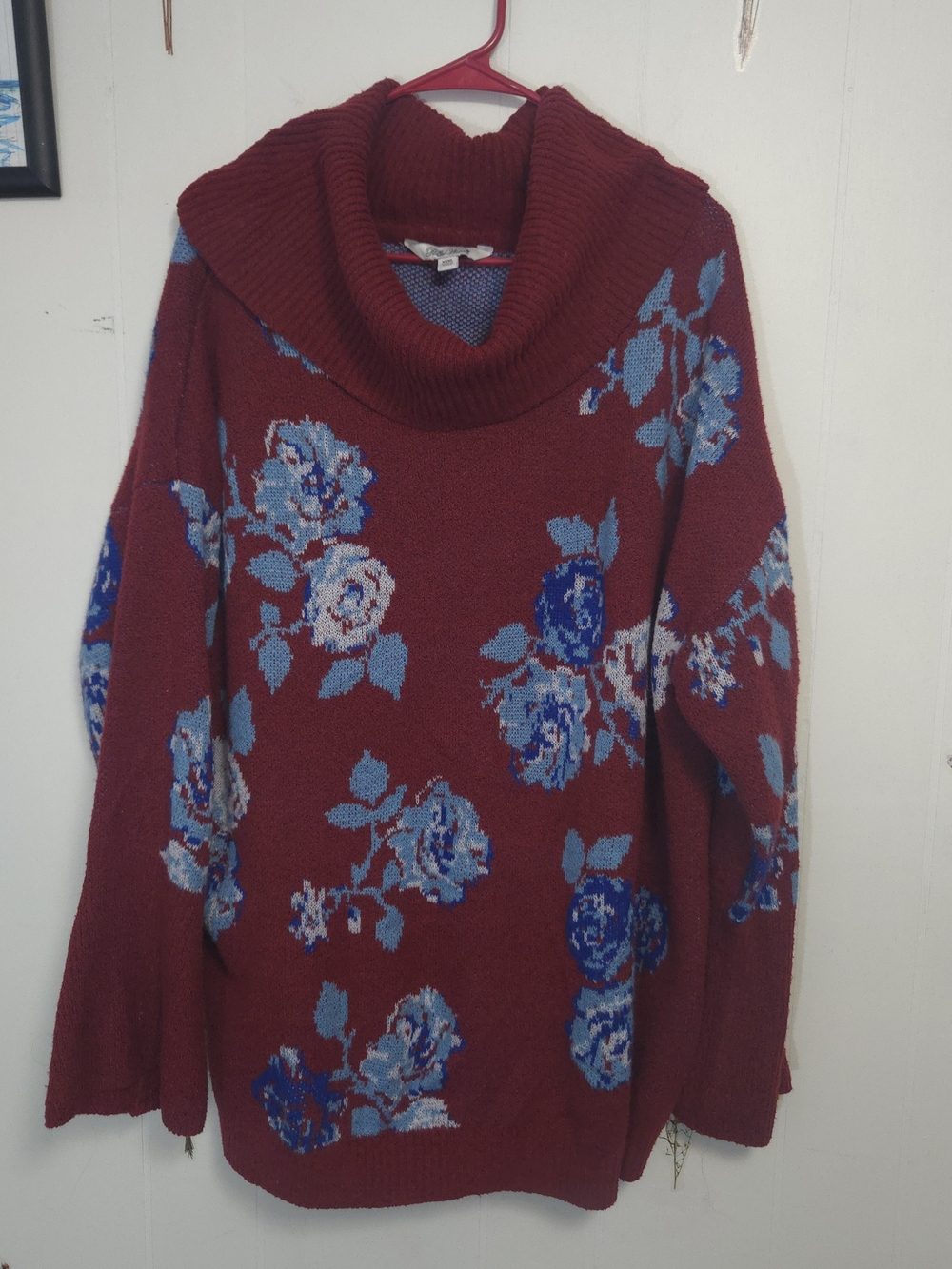 The Pioneer Woman Burgundy Cowl Neck Sweater with Blue Floral Pattern